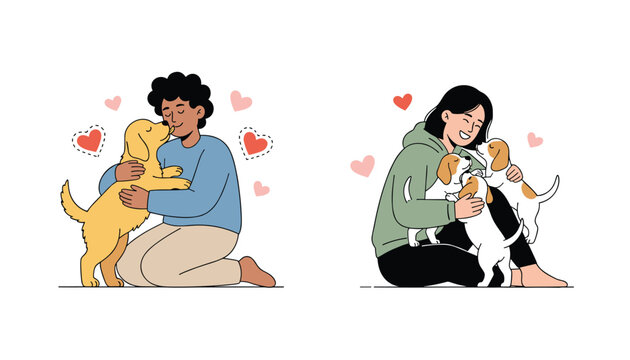 Happy young man and woman hugging their cute puppies with red love hearts around, illustrating animal adoption and deep affection.