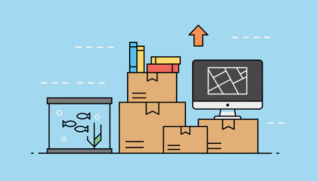 Packed cardboard boxes, stacked books, an aquarium, and a computer showing a map, illustrating the process of relocating to a new home.