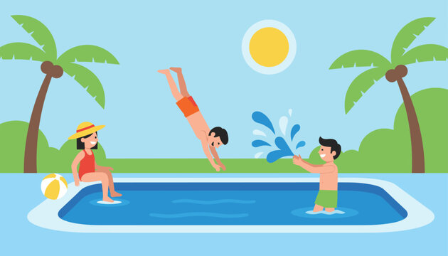 Happy children enjoying summer activities in an outdoor swimming pool, with one boy diving in and others splashing water.