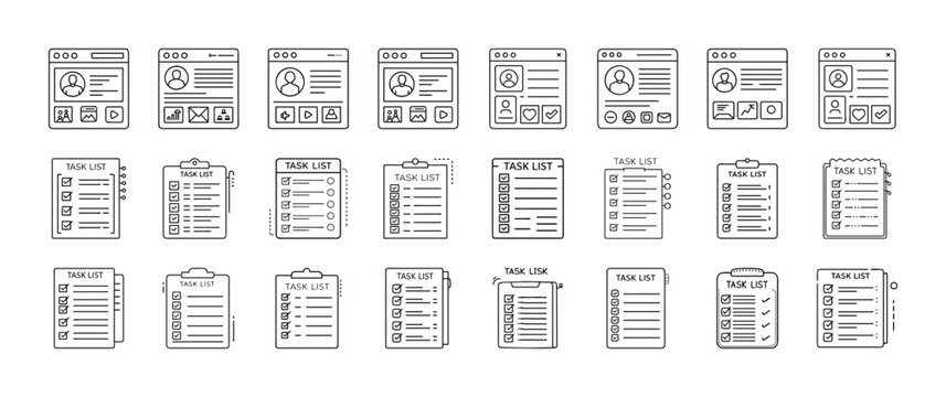 Flat design mobile app interface icons set - Modern flat style icons showing various mobile app screens and interface elements in a clean, organized layout