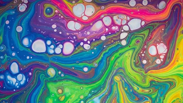 A vibrant abstract background featuring swirling liquid paint patterns in multiple bright colors