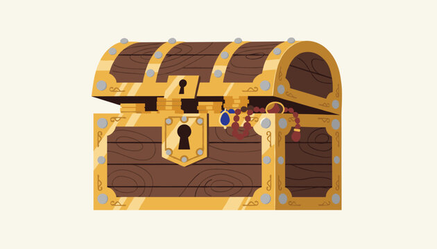 Treasure chest with gold metal corners, keyhole, and overflowing gold coins and colorful necklaces, set against a plain background.