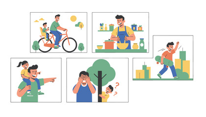 Fototapeta premium Multi-panel illustration showcases a father bonding with his child through various activities like cycling, cooking, and playing.