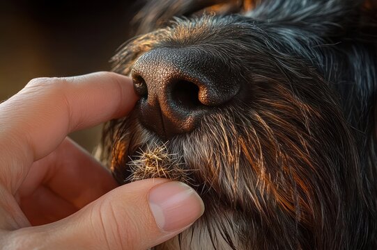 Close-up of a dog's wet black nose and whiskered muzzle as a human hand gently removes a burr from the fur, warm golden light conveying tenderness and care