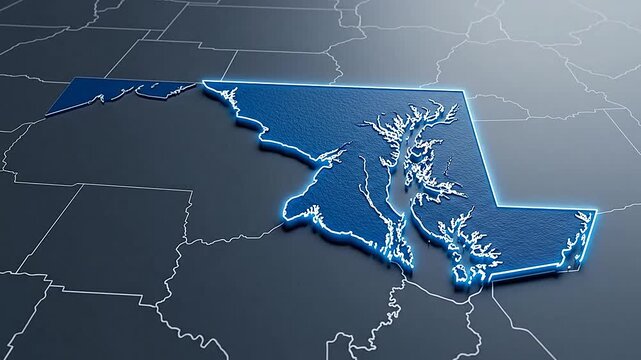 A three dimensional map illustration showing a specific regional territory with glowing edges