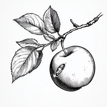 Detailed ink drawing of an apple with a small worm peeking from a hole, hanging from a leafy branch; a quiet, slightly whimsical botanical study