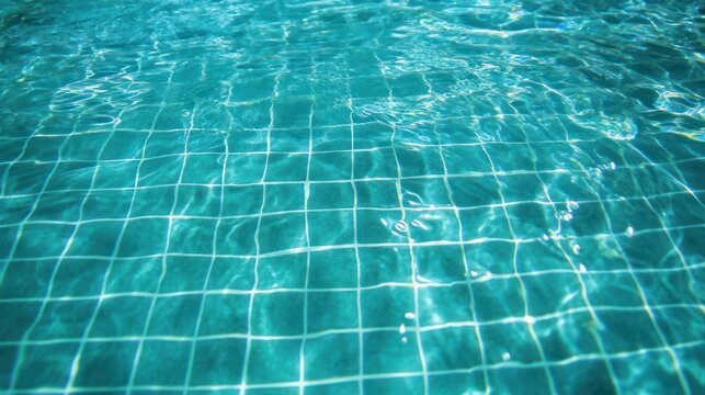 sunlit turquoise swimming pool water over white grid tiles with gentle ripples, calm and refreshing