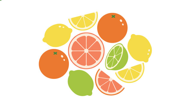 Assortment of colorful citrus fruits like lemons, limes, oranges, and grapefruits is shown in whole and sliced forms.