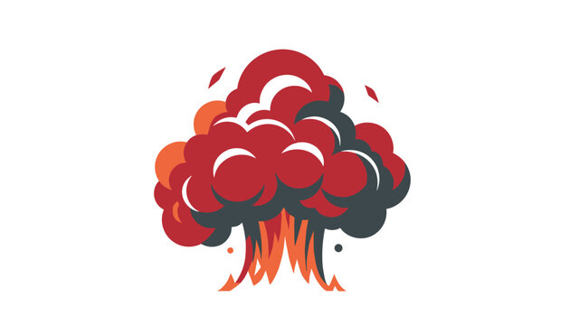 Red and grey explosion cloud with fiery orange flames blasting upwards from the ground on a clean white background.