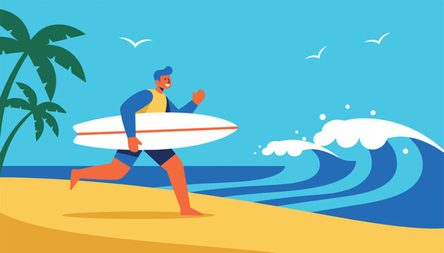 Enthusiastic surfer carrying a white surfboard runs across the sandy beach towards crashing ocean waves under a bright blue sky.