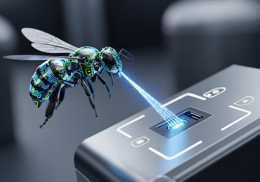 Futuristic robotic bee with glowing circuit patterns transferring data to a device, isolated on transparent background for digital tech concepts.