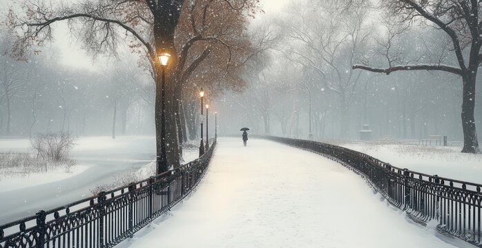 solitary figure with umbrella walking along a snow-covered park path lined with glowing lampposts and bare trees, evoking peaceful solitude