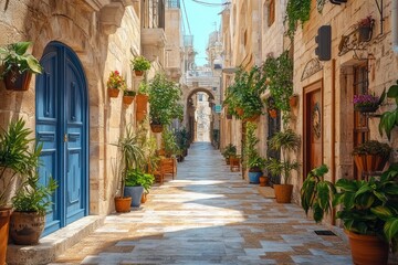 Obraz premium Sunlit narrow stone alley with blue door, potted plants, hanging flowers, balconies and arched passageway conveying a peaceful, charming and inviting atmosphere