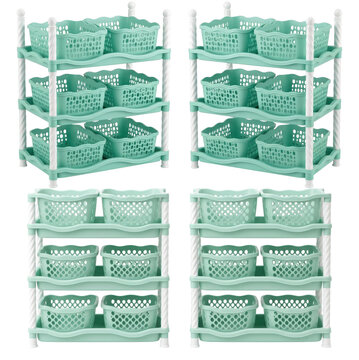 Four tier plastic storage organizer units with baskets for home organization isolated on transparent background for interior design project.
