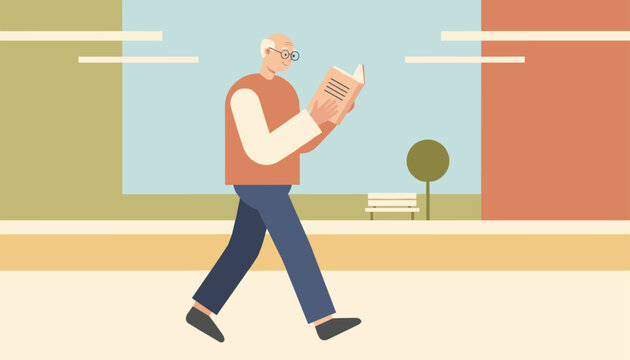 Intelligent senior man reading an interesting book while walking in a tranquil city park under a blue sky.