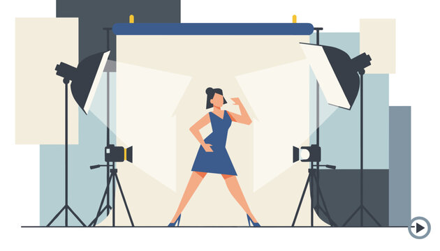 Professional photo studio setup with a model posing under bright softbox lights on a grey background.