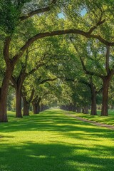 Obraz premium Sunlit tree-lined avenue with arching oak branches over a manicured green lawn and narrow walking path, peaceful and serene perspective leading into the distance