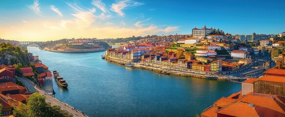 Fototapeta premium Sunlit riverside panorama of colorful hillside buildings, moored boats and arched bridge under a warm glowing evening sky evoking serene charm