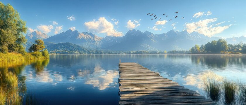 Wooden pier leading into a calm reflective lake with distant alpine mountains, trees along the shore, flying birds and soft morning light conveying peaceful serenity