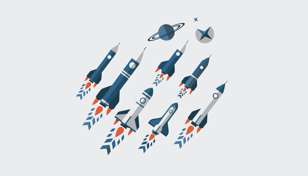 Fleet of diverse spaceship rockets launching into space with fire trails under planets and stars shown in flat vector illustration.