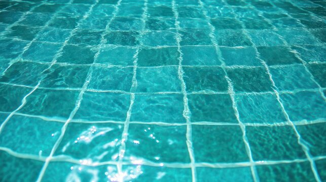 sunlit turquoise pool tiles with rippling clear water and sparkling caustics, calm and inviting