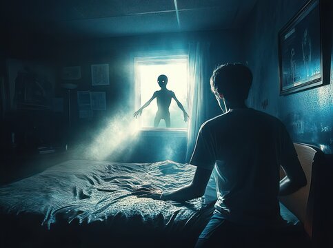 young man sits on bed in a dark bedroom, startled and fearful as a silhouetted alien figure stands in a glowing window with beams of light and an eerie atmosphere