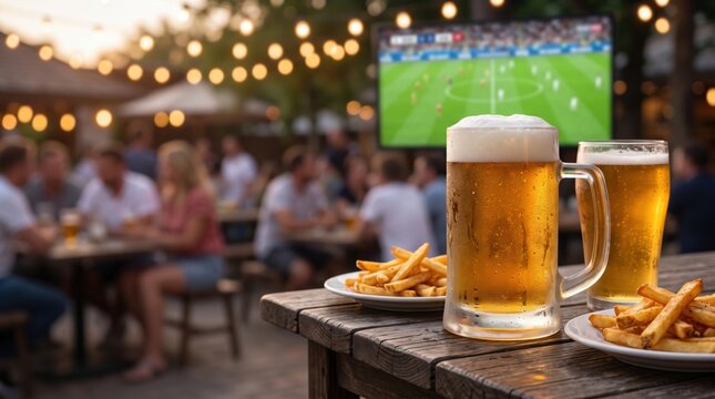 Cold beer served with French fries in an outdoor sports bar while fans watch a live soccer match on a big screen. Football viewing, pub atmosphere, social gathering, and leisure concept