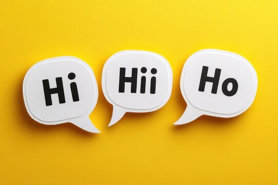 Three white speech bubbles showing the words Hi, Hii and Ho on a bright yellow background, playful friendly greeting with bold black letters