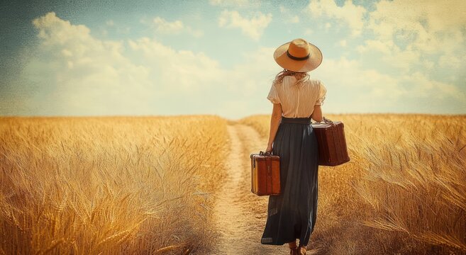 woman with two suitcases walking down a dirt path through a golden wheat field under a bright cloudy sky, evoking nostalgic solitude and peaceful freedom