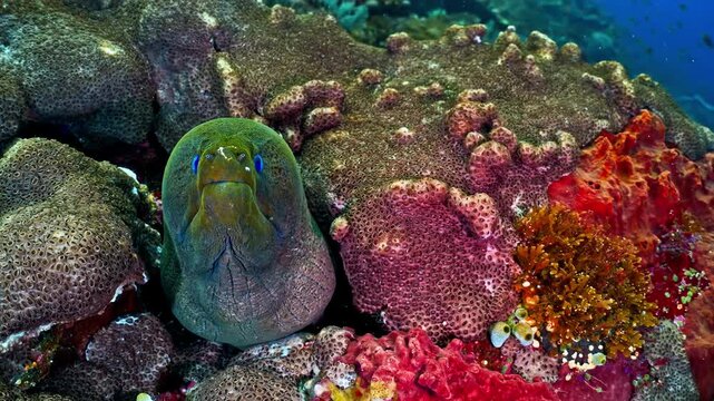 Moray eel opens mouth showing blue interior with sharp teeth underwater