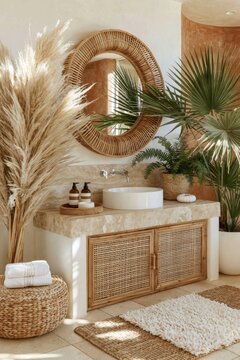 Modern bathroom interior featuring a round mirror, natural pampas grass, and a stone sink with wooden cabinetry and tropical plants in a stylish setting