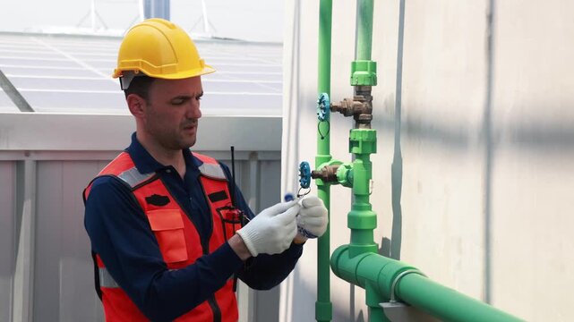 Male technician inspects the coolant inlet and outlet pipes of the cooling tower checks the flange connections and reports walkie talkie engine room while testing the cooling system.