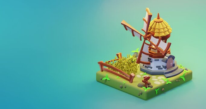 Windmill on blue background. Agriculture and countryside landscape concept. 3d render video.