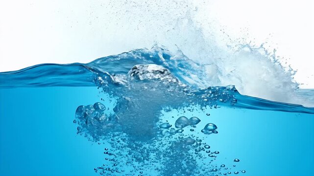 Blue Water Wave Breaking with Bubbles on White Background Clear Liquid Splash