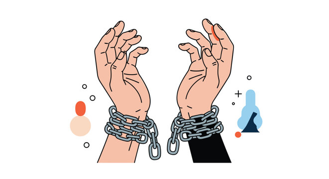 Two human hands are bound together by heavy metal chains representing concepts of struggle or lack of freedom.