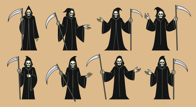 Variety of Grim Reaper characters in black robes holding scythes are displayed in different poses against a tan background.