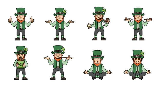 Collection of Irish leprechaun characters in green suits and hats is shown in various poses including meditating and smoking.