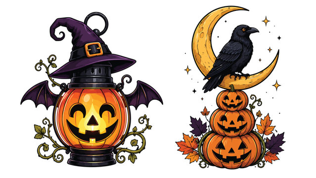 Halloween lantern and crow illustration set with witch hat flying bats crescent moon stacked pumpkins for autumn holiday designs halloween pumpkins illustration celebration