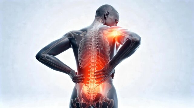 Man Experiencing Severe Lower Back and Shoulder Pain with Highlighted Spine