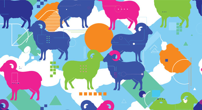 Vibrant seamless pattern with colorful sheep and rams silhouettes and geometric elements on a light blue background.