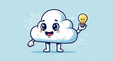 Fototapeta premium Cartoon cloud character holding a glowing lightbulb idea.