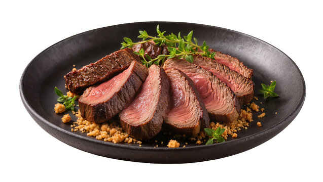 Isolated gourmet sliced steak, medium-rare, on dark plate with fresh thyme and crunchy garnish.