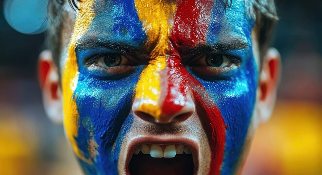 Close-up portrait of a young man shouting with blue, yellow and red face paint, intense passionate expression