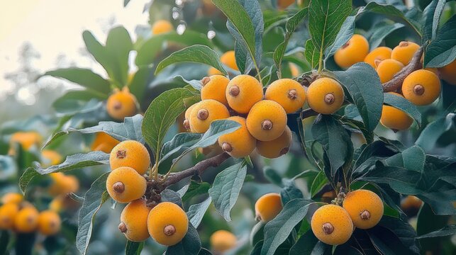 cluster of ripe yellow-orange loquat fruits on leafy branch conveying freshness and abundance
