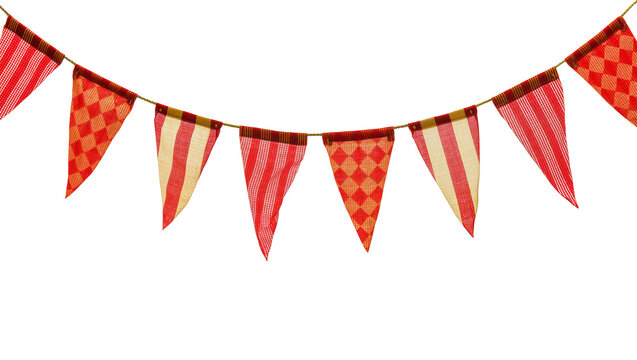 Isolated vibrant red and orange fabric party flags banner for festive celebration decoration