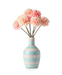 Obraz premium Striped vase of beautiful artificial pink chrysanthemum flowers isolated on white background