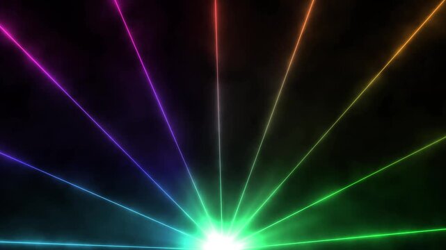 Radiant rainbow light rays burst upward with vivid prism colors and glowing energy.