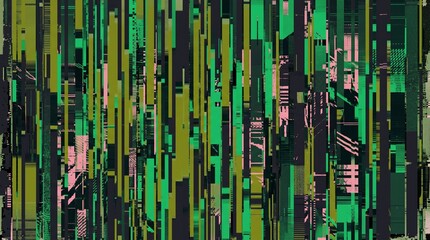Obraz premium Futuristic green and black abstract glitch art texture with distorted vertical lines 