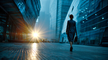 Obraz premium Lone Woman Walking Through Futuristic City at Dusk