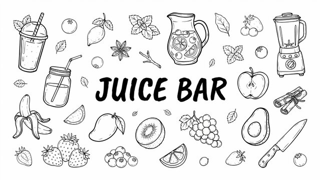 Hand drawn collection of fresh fruit and juice bar elements